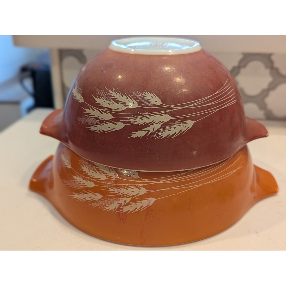 Vintage Pyrex Autumn Harvest Wheat Cinderella Mixing Bowls 441 442 Set of 2 - Picture 10 of 16
